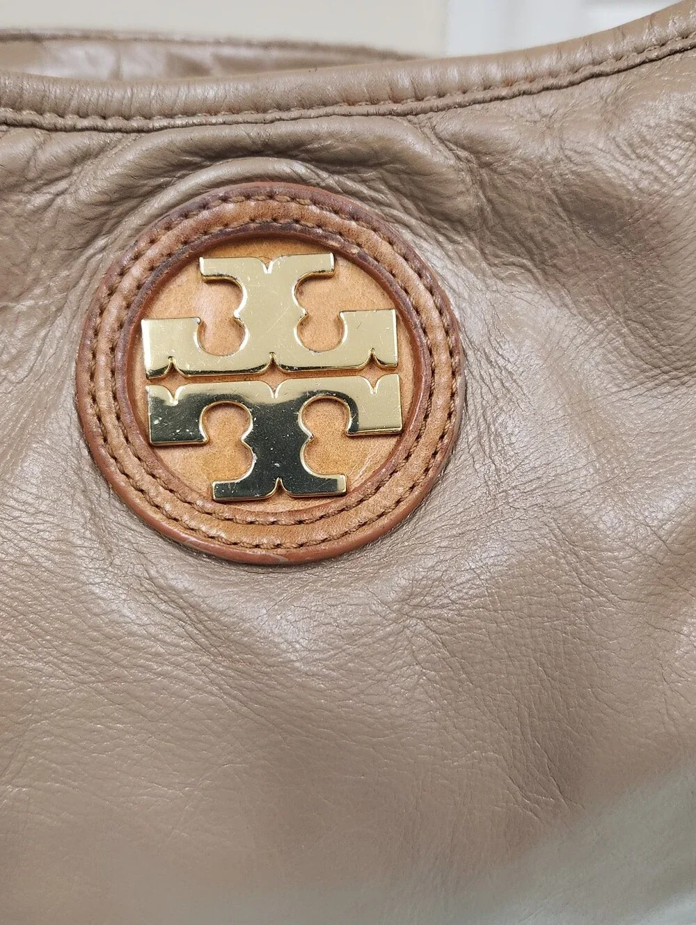 Tory Burch Taupe Brown Leather Shoulder Bag with Gold Logo